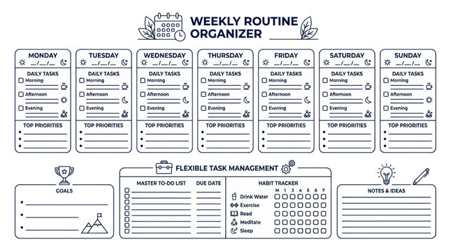 Weekly routine organizer template for productivity and habit tracking