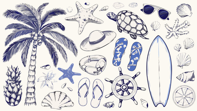 Nautical illustration set featuring seashells starfish palm fronds and beach accessories in blue white beachcombing