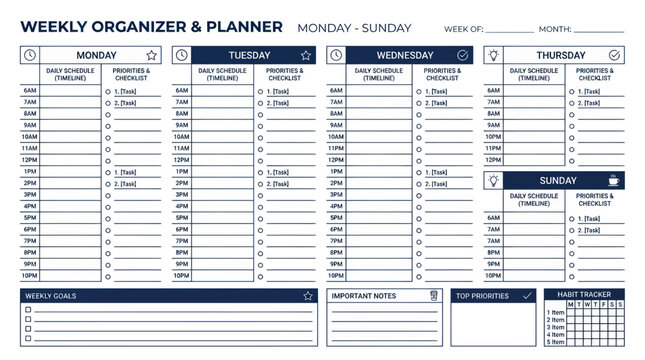 Minimalist weekly organizer and planner template with habit tracker