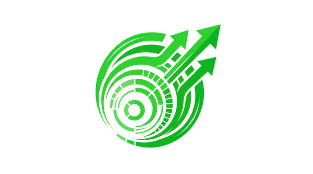 Dynamic green business arrows soaring from a circular data hub