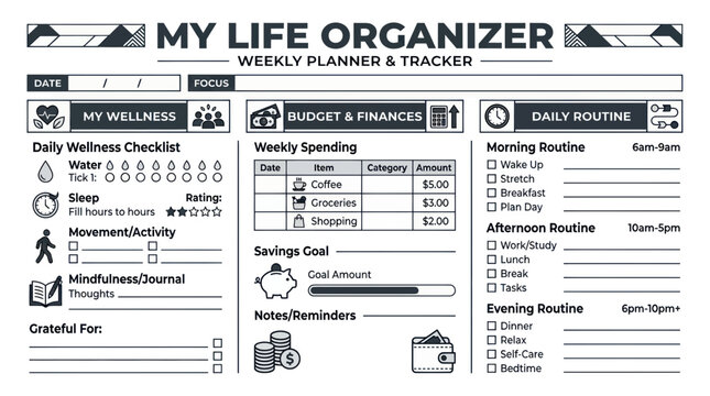 Weekly life organizer and habit tracker template for productivity