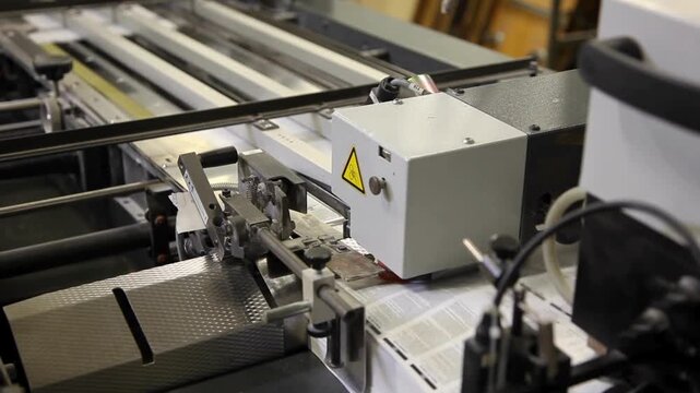 Industrial printing machine processing paper sheets in a professional print shop facility