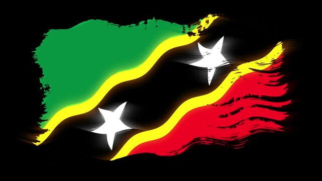 Waving torn Saint Kitts and Nevis flag grunge brush burn light leaks, transparent background alpha channel loop full HD