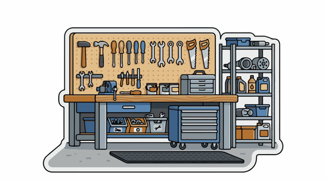 A cluttered workshop with tools on a pegboard, a workbench, and storage