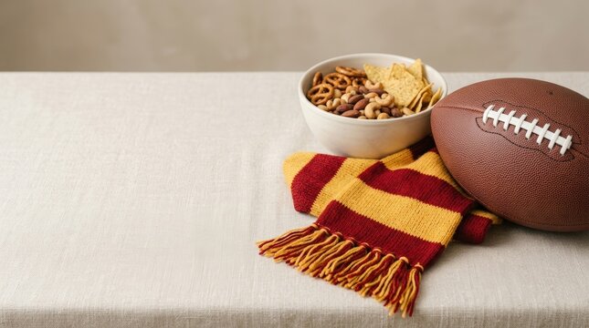 Football with red and yellow scarf and bowl of snacks on table