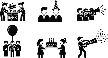 Collection of stick figure pictograms illustrating corporate celebrations banking events and financial success perfect for business presentations and marketing materials © Muhammad