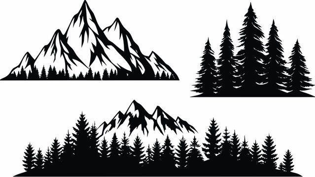 Black and white mountain and coniferous tree silhouettes against a white background alpine ascent backdrop