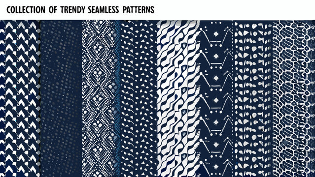Collection Of Trendy Seamless Patterns Featuring Geometric And Organic Motifs Dark Blue Background abstract arrangement