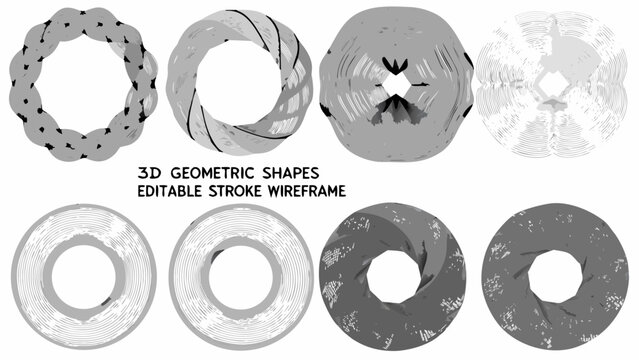 Geometric Torus Shapes With Editable Stroke Wireframe Renderings In A Technical Style toroidal doughnut shape
