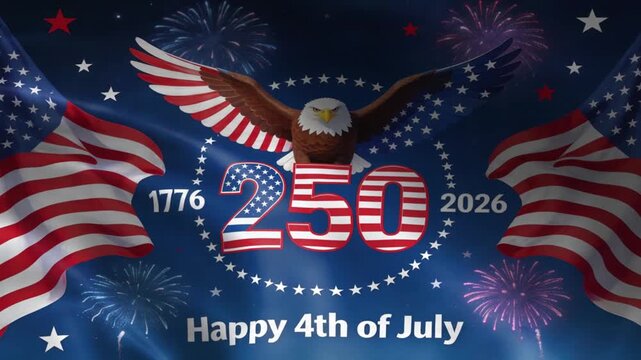 American eagle and flag celebrate 250th anniversary with fireworks representing patriotism and national pride for Independence Day only for commercial uses