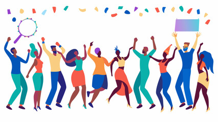 Fototapeta premium Group of people celebrating with confetti and a sign a colorful vector illustration celebration team