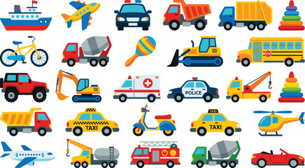 Cute Toy Vehicle and Transportation Icon Set with Cartoon Cars Trucks Airplanes Ships and Construction Equipment for Kids Graphic Designs © Rajiya