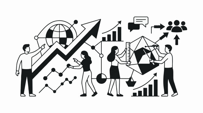 A black-and-white illustration of four people interacting with various graphs and charts