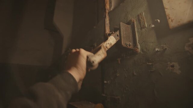 A hand operates a rusty industrial lever against a peeling wall. The concept highlights industrial history and vintage machinery, offering value in historical and industrial contexts.