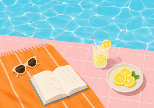Summer poolside scene with lemon, juice, book and sunglasses. Flat vector illustration for vacation, travel, lifestyle and outdoor design projects.