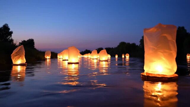 Glowing paper sky lanterns floating on calm river at twilight with warm light reflections on water against dusky blue purple sky. Concept of asian lantern festival and spiritual release