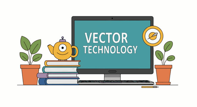 A colorful computer monitor displays VECTOR TECHNOLOGY on a desk with books, a teapot, and potted plants