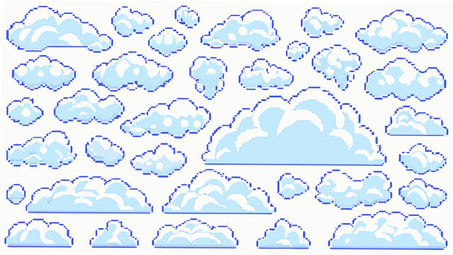 Pixelated clouds pattern with light blue fill on a white background arranged in a dense composition