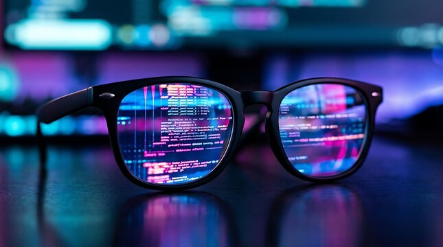Eyeglasses with digital code reflected on lenses on a dark surface computer code programming