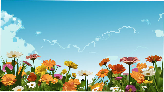 Gerbera daisies and clouds illustration with a bright blue sky background annuals botanical bloom blossom