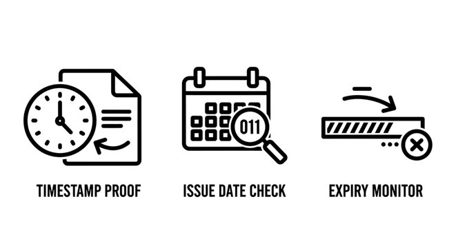 Document and data monitoring line icon set: timestamp proof issue date check expiry monitor with timestamp document calendar validation verification management business security workflow
