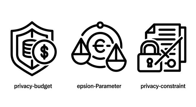 Data privacy and financial security icon set featuring privacy budget epsilon parameter privacy constraint symbols security parameter constraint protection currency document confidentiali
