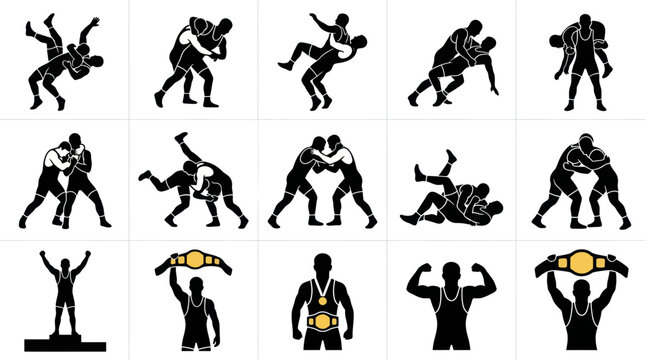 Professional wrestling silhouettes showing throws grappling and victory