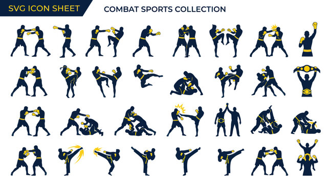 Combat sports icon collection featuring martial arts fighter actions