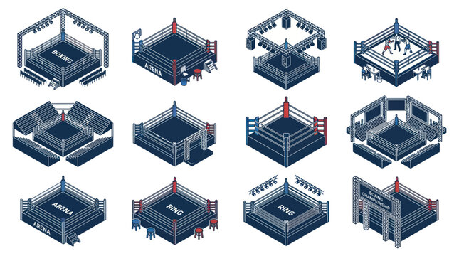 Isometric boxing ring and arena collection with lighting and seating