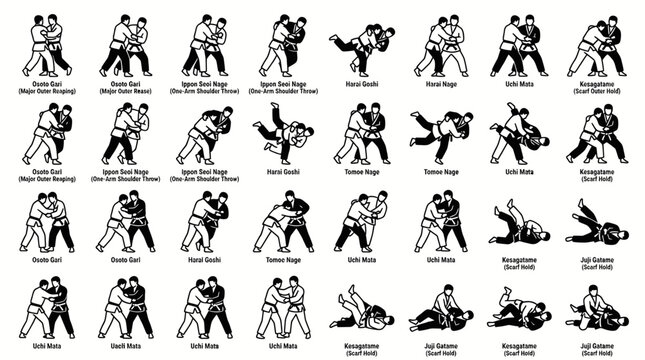 Martial arts judo techniques set showing various throws and holds