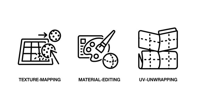 3D modeling graphics icons set featuring texture mapping material editing and uv unwrapping processes material unwrapping modeling graphics software development creation rendering workflow