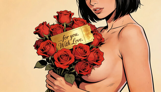 immagine di una donna mora che tiene tra le mani un mazzo di rose rosse con un biglietto con scritto "con amore", image of a brunette woman holding a bunch of roses with a card that says 'with love'