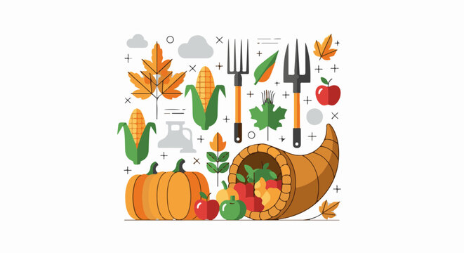 A cornucopia filled with fruits and vegetables surrounded by autumn leaves and farm tools