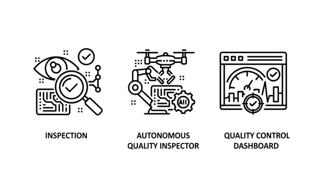 Industrial quality control and AI automated inspection icons with inspection autonomous automation dashboard intelligence manufacturing monitoring technology analysis industrial precision