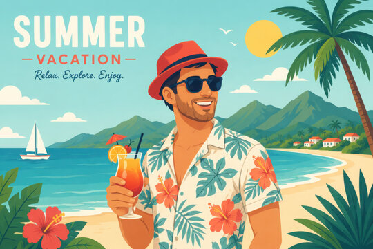 Man on summer vacation concept. Happy boy  holds cocktail in her hand. He is wearing sunglasses. Concept for outdoor activities and summer travel topics.