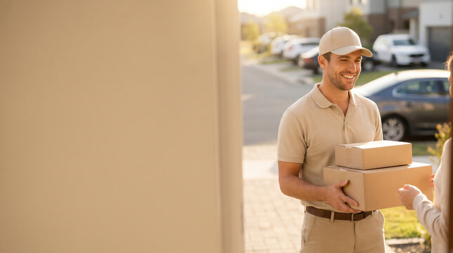 Celebrate National Postal Worker Day by appreciating a friendly postal worker and dedicated mail carriers delivering packages to a home front door with a smile