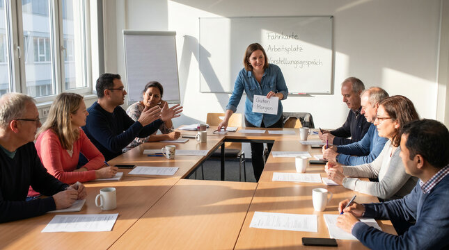 Adult German Workshop With Teacher And Diverse Learners In Sunlit Room