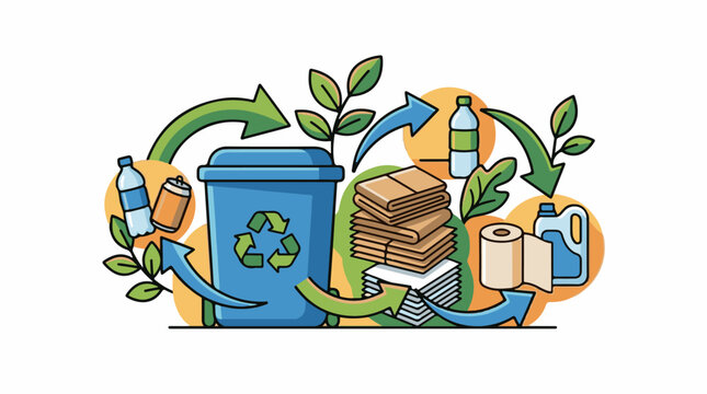 A blue recycling bin surrounded by recyclable materials and plants with arrows