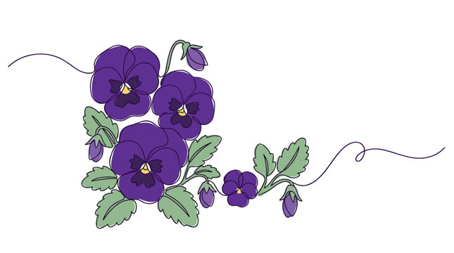Dark purple pansy corner design in continuous line art for sophisticated frames and elegant floral decorations.