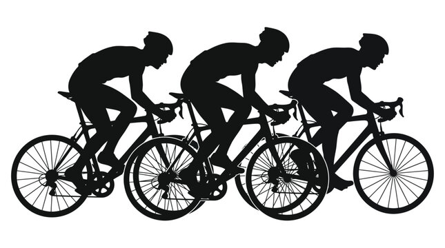 Three professional cyclists riding road bikes in a fast competitive race against a white background