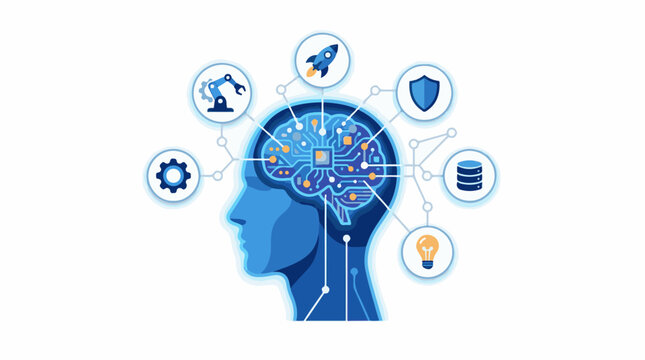 A blue silhouette of a human head with a circuit board brain and icons