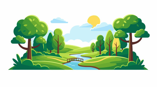 A serene cartoon landscape with a winding river lush trees and a small bridge