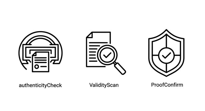 Document authenticity check and validity verification icons set with authenticity validity confirmation document security certificate magnifying verified official validation protection