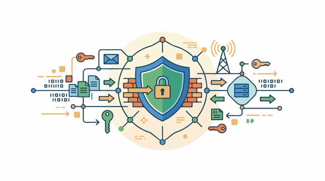 A colorful infographic about cybersecurity with a shield padlock and various icons