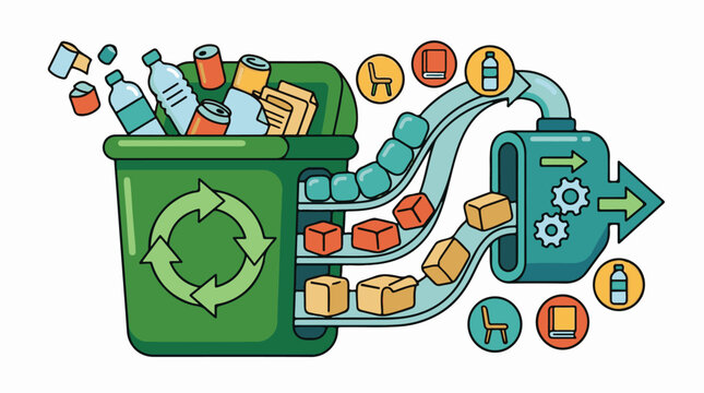 Colorful illustration of a recycling bin with items being recycled into new products