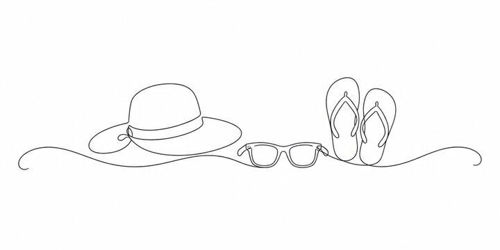 Continuous line drawing of summer vacation concept, sandy beach, beach umbrella, lounge chairs, straw hat, sunglasses and flip flops on tropical beach in single line doodle style. Editable strokes.