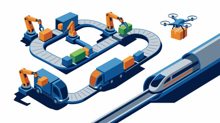 Naklejka premium Isometric illustration of a futuristic logistics and transportation system with robotic arms conveyor belts trucks an