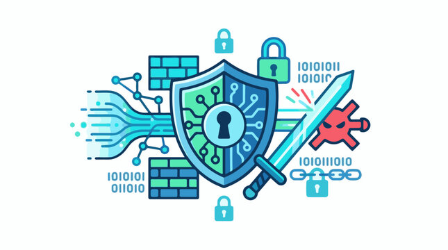 A shield with a circuit board design and a sword next to it surrounded by various security-related icons