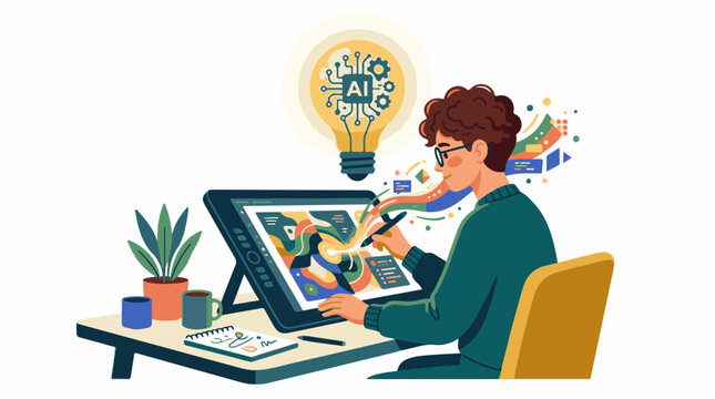 A man with brown hair and glasses uses a graphic tablet surrounded by office supplies and a plant with a lightbulb abo