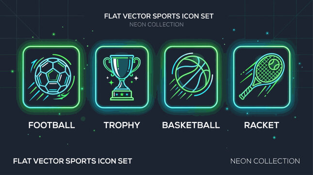 A set of neon sports icons featuring football, trophy, basketball, and racket on a dark background.